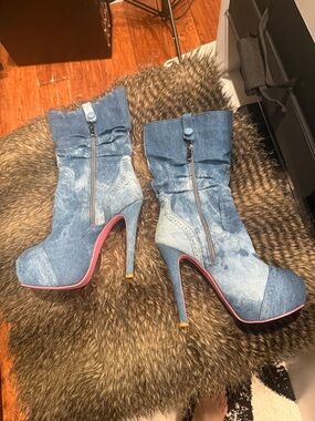 Denim-Look High-Heel Platform Ankle Boots with Pink Sole Trim